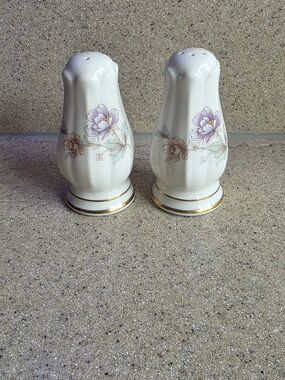 White Porcelain Floral Salt and Pepper Shaker Set with Gold Trim
